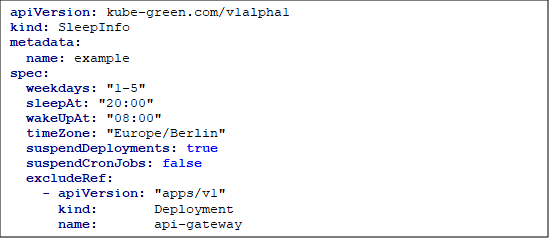 YAML of a kube-green SleepInfo resource that suspends deployments on weekdays between 20:00 and 08:00 in the Europe/Berlin time zone, excluding the api-gateway deployment