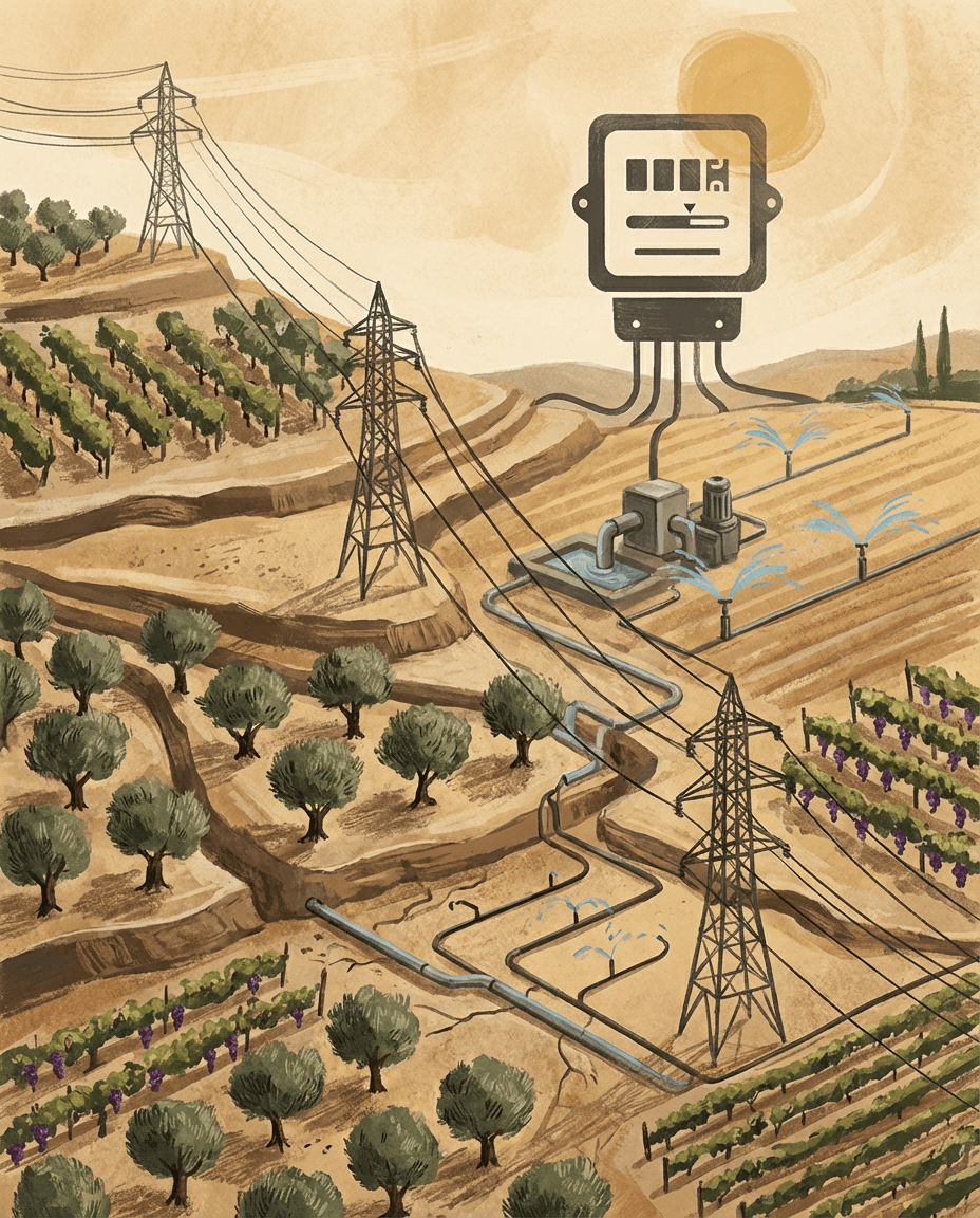 Greek farmland with irrigation systems and power lines representing energy costs in agriculture.