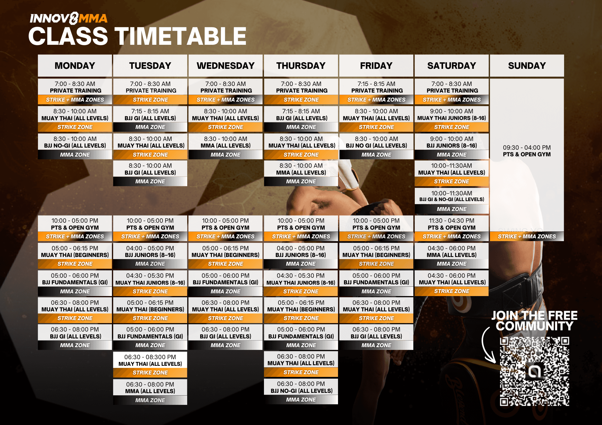 snapshot of INNOV8 MMA's class schedule
