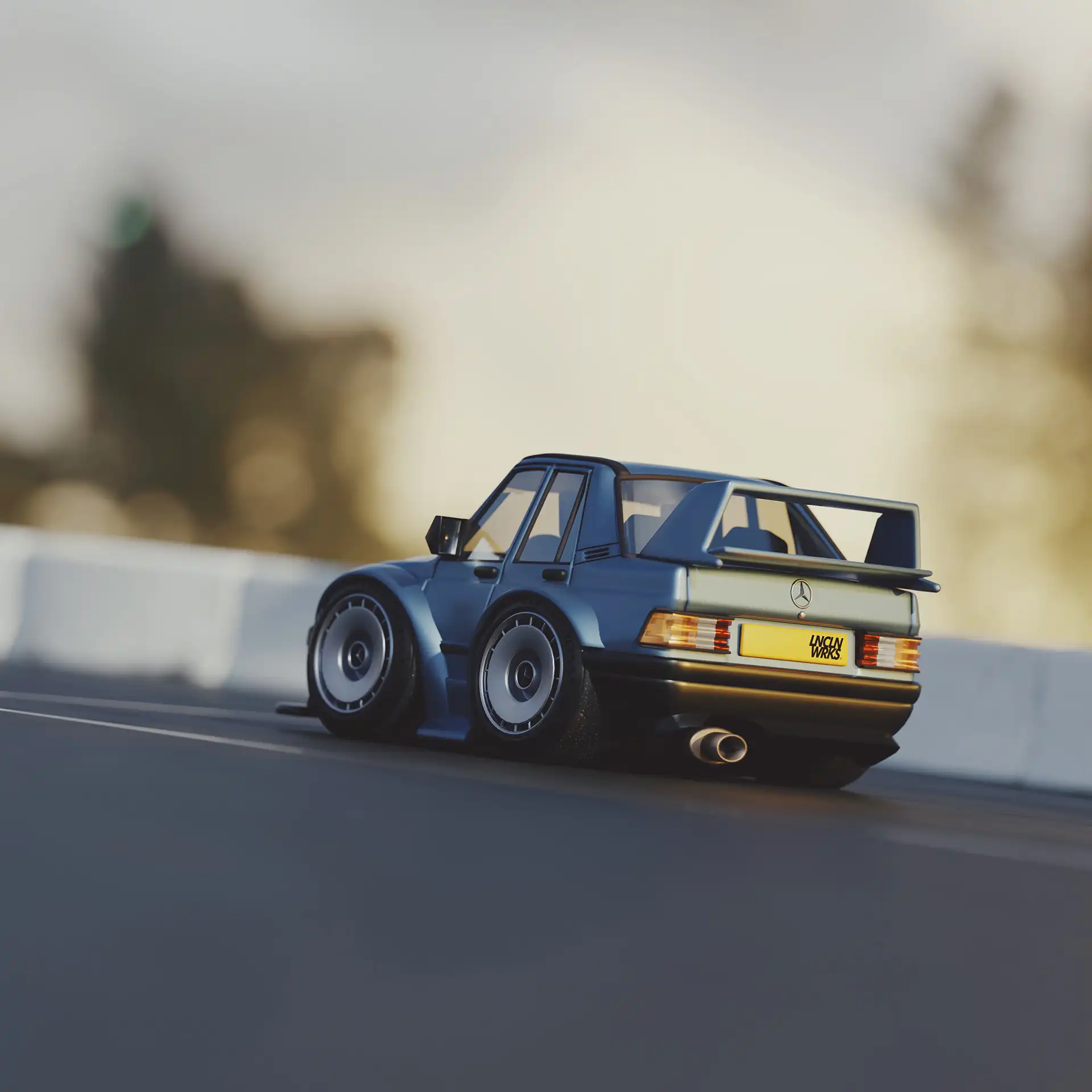 A digital rendering of a gray sports car on track.