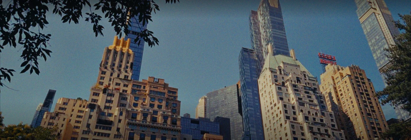 City skyline framed by trees