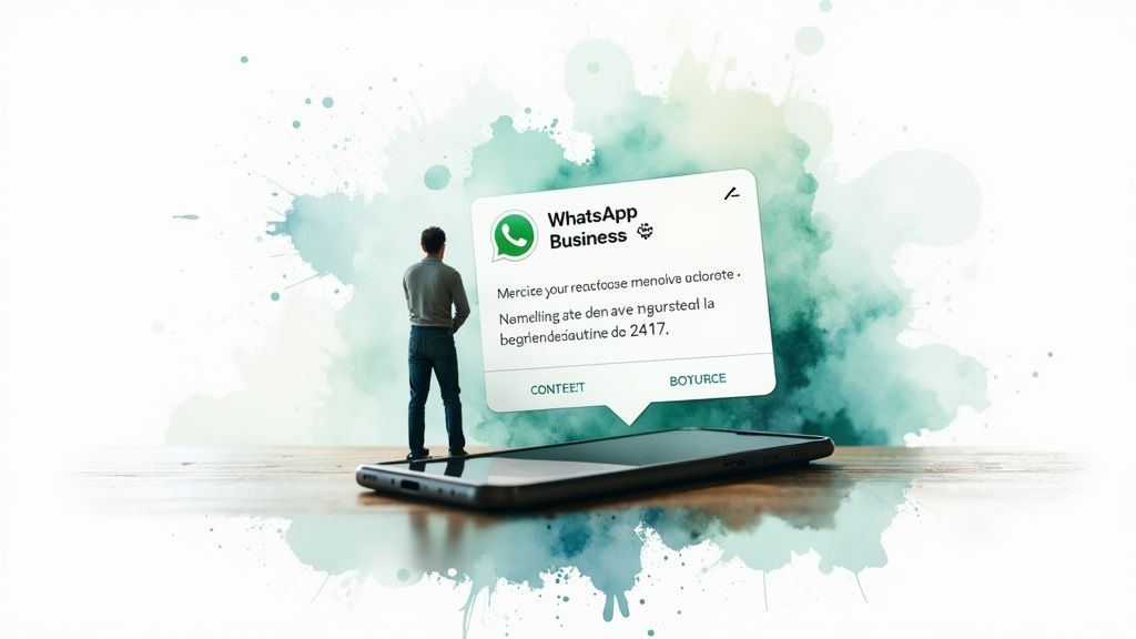 Interface WhatsApp Business affichant une notification de réponse automatique sur smartphone avec personne observant