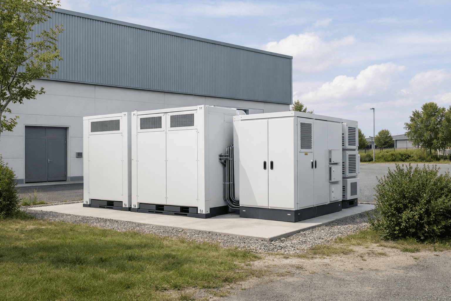 C&I-Gewerbespeicher an einem Industriestandort als Symbolbild für gewerbliche Batteriesysteme wie Lastspitzenkappung und Eigenverbrauchsoptimierung. KI-gestützte Illustration.