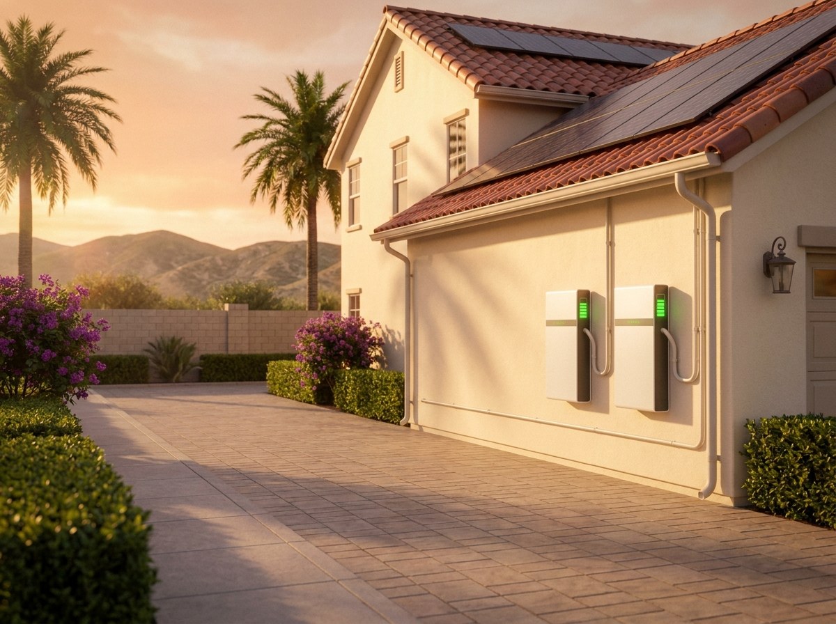 Two wall-mounted home batteries on the garage of a Southern California home with rooftop solar at sunset