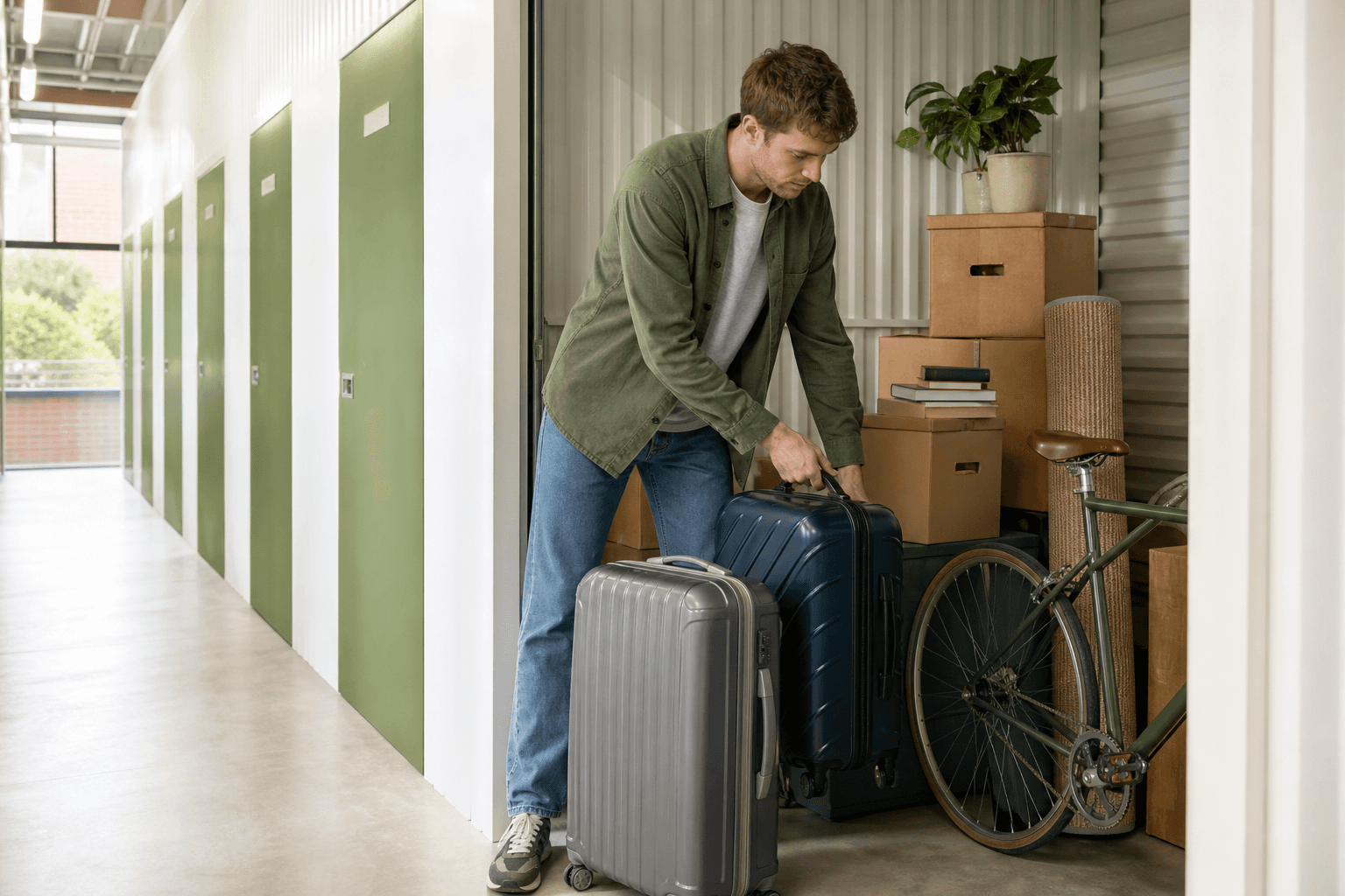 A student arranging suitcases, boxes and a bicycle in a clean self-storage unit