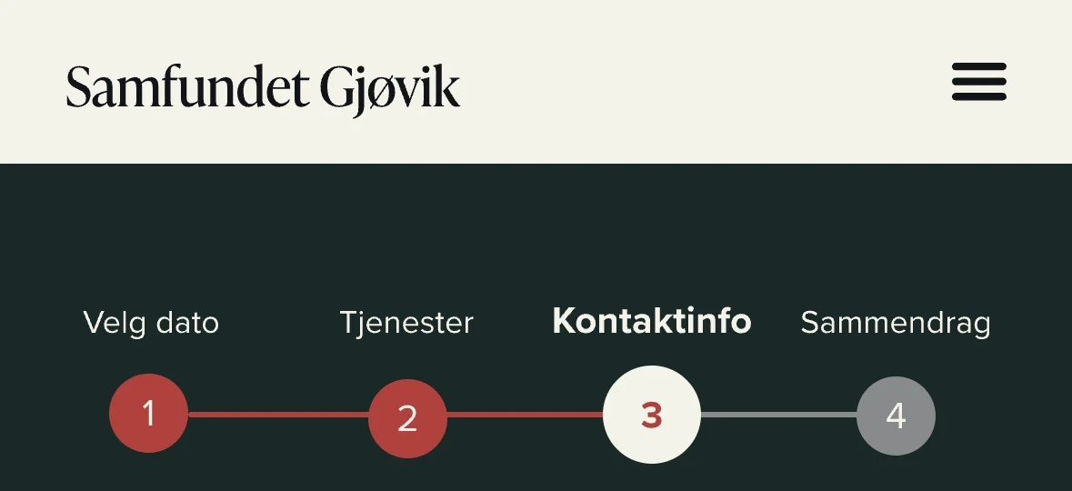 Detail of the contact step: steps 1 and 2 completed in red, step 3, Kontaktinfo, current