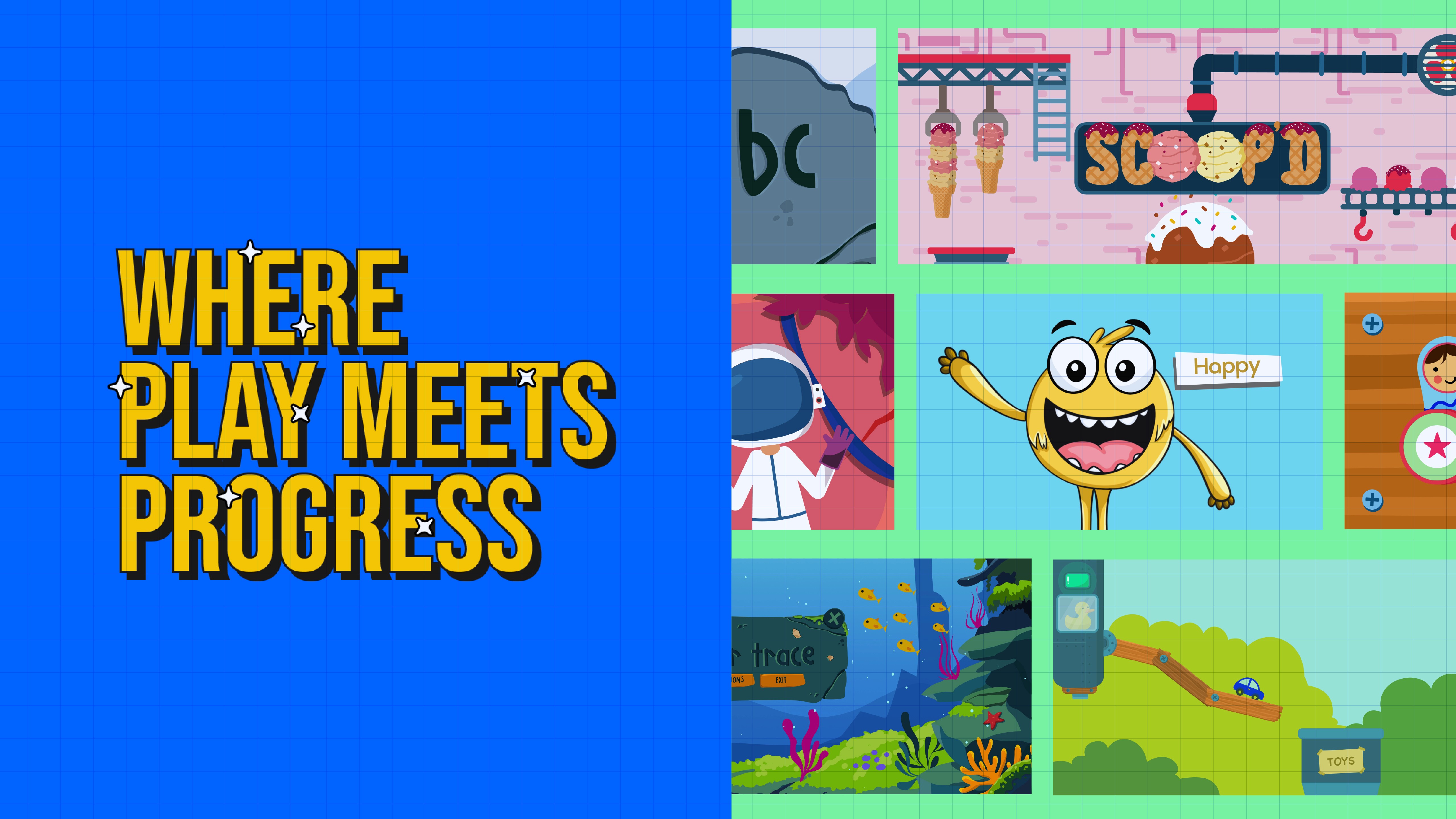 The tagline “Where play meets progress” communicates WonderTree’s core belief in play as a meaningful tool for growth. The game thumbnails give parents and teachers a quick sense of the variety and playfulness of the experiences their children can explore.