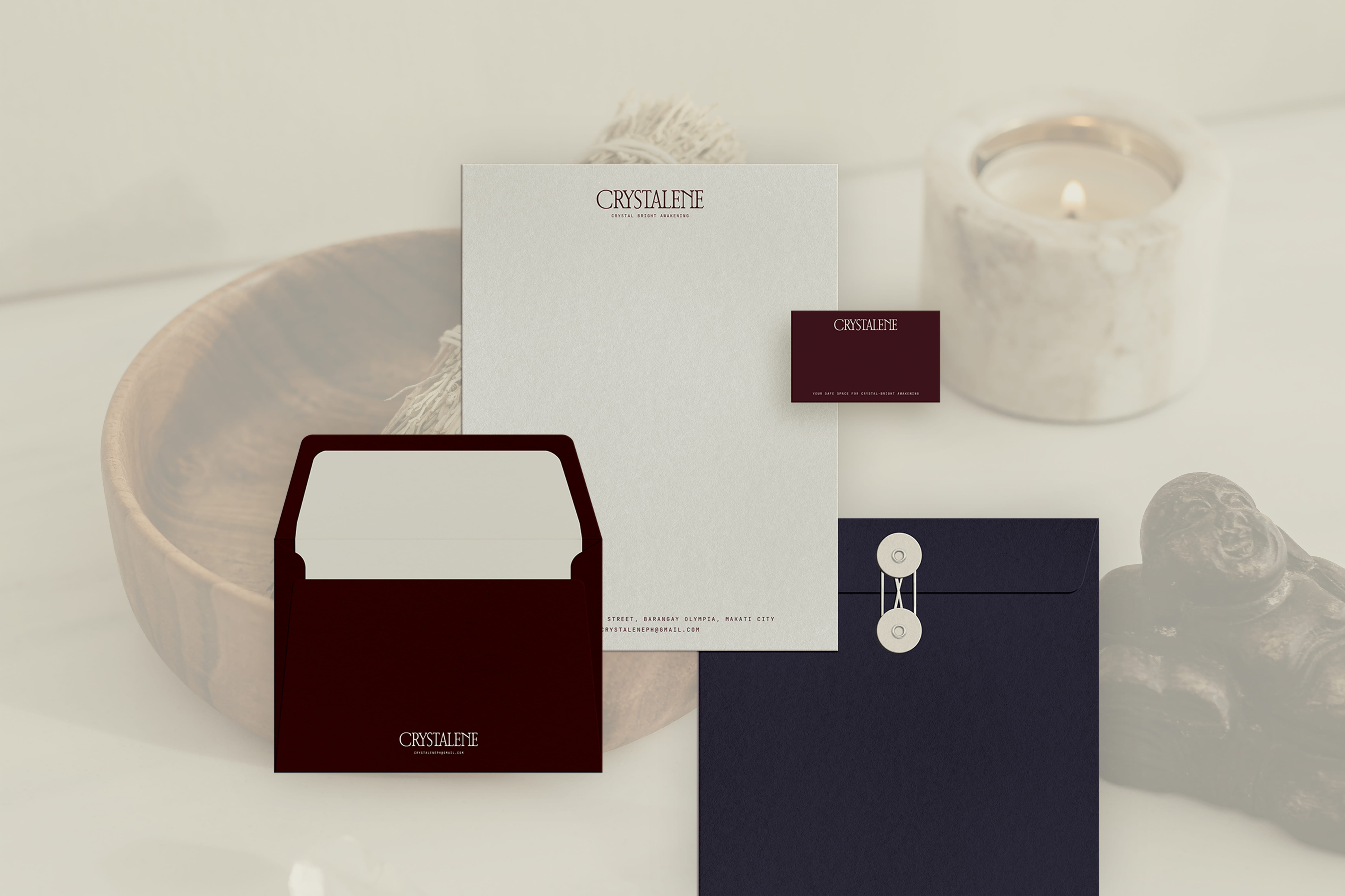 Branding, visual identity, packaging and logo design for crystal shop and coffee café in Makati, Philippines