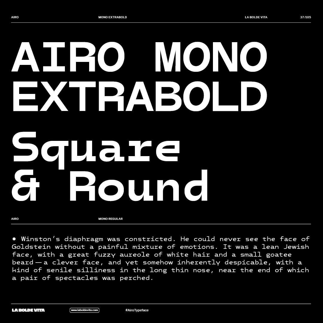 black and white specimen with a big headline of airo mono in square and round stylistic sets