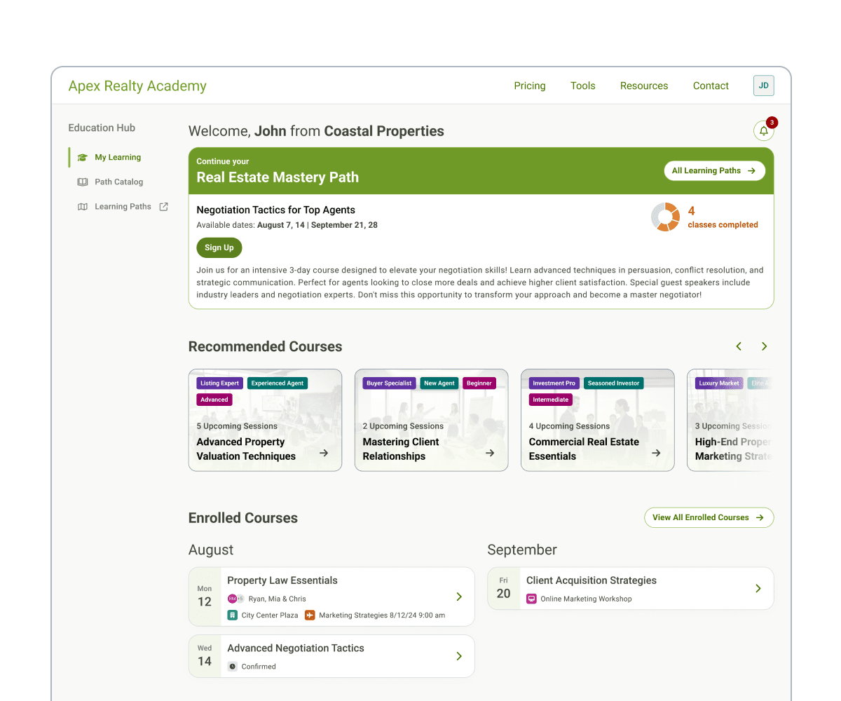The file design, showing the featured class, recommended classes, registered classes, and weekly virtual classes