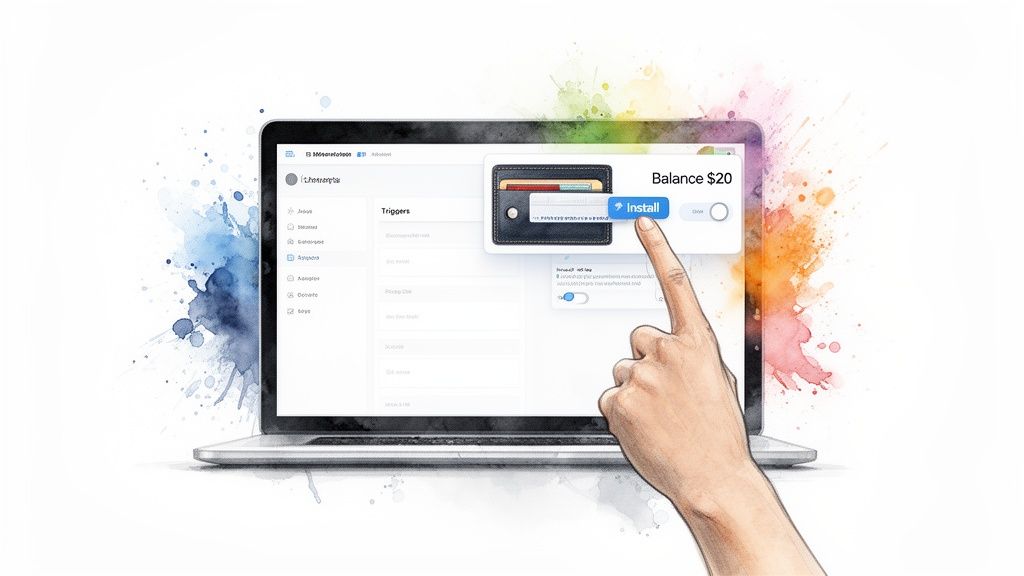 A hand clicks 'Install' on a laptop screen displaying a wallet with a $20 balance.