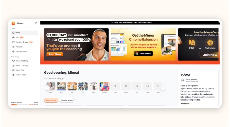 Screenshot of the Minea dashboard