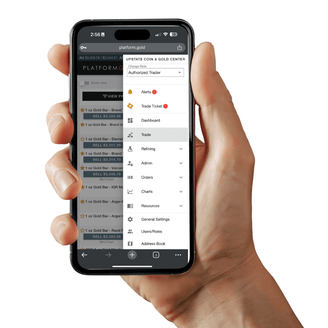 Mobile view of the PlatformGold B2B trading interface showing bullion bid and ask prices.