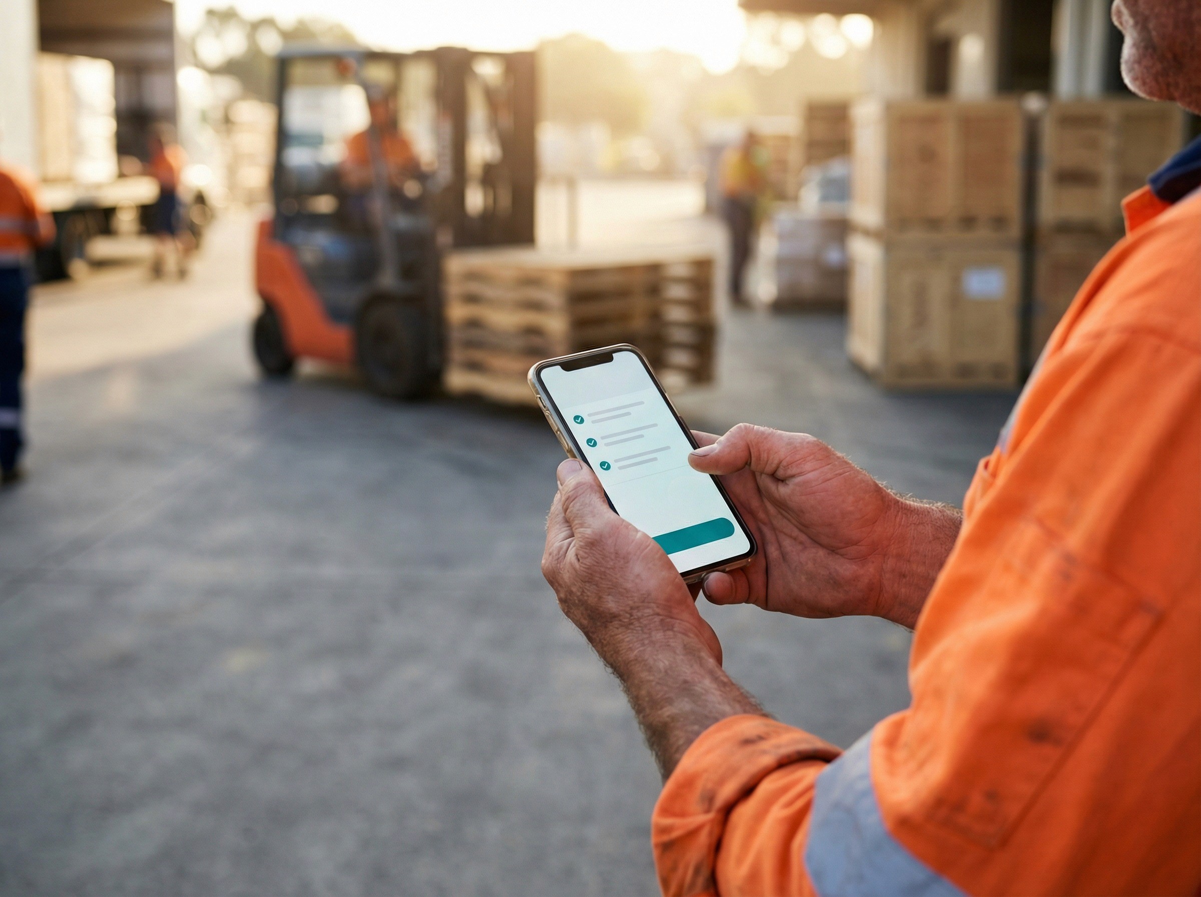 A close-up, over-the-shoulder shot of a worker's hands holding a phone in landscape orientation, with a simple, clean interface visible on screen — a short list with tick marks and a prominent button at the bottom, visible in structure and colour but not legible. The hands belong to someone in a high-vis work shirt with rolled sleeves — a logistics, construction, or warehouse worker. The background is a blurred outdoor loading dock or yard with a forklift and stacked pallets, warm afternoon light catching dust in the air.