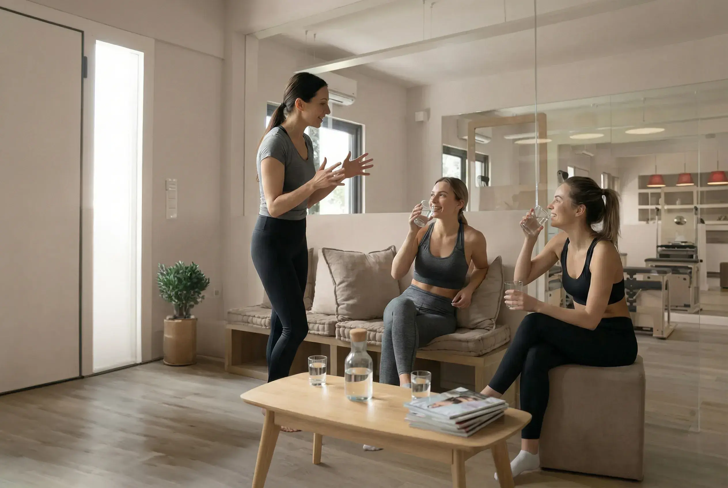 Group of 3 women talking at entrance waiting area, two of them sitting down and one of them standing. 