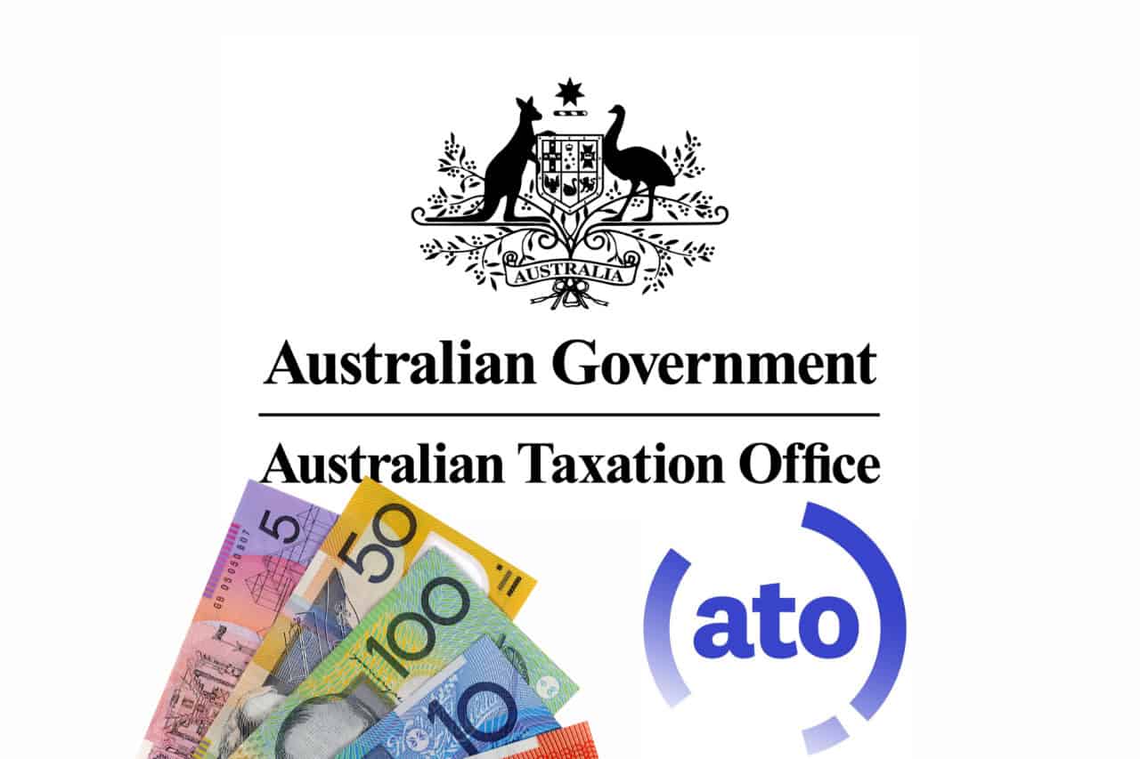 Australian Government Australian Taxation Office logo with various denominations of colorful Australian banknotes, and an ato logo in blue.