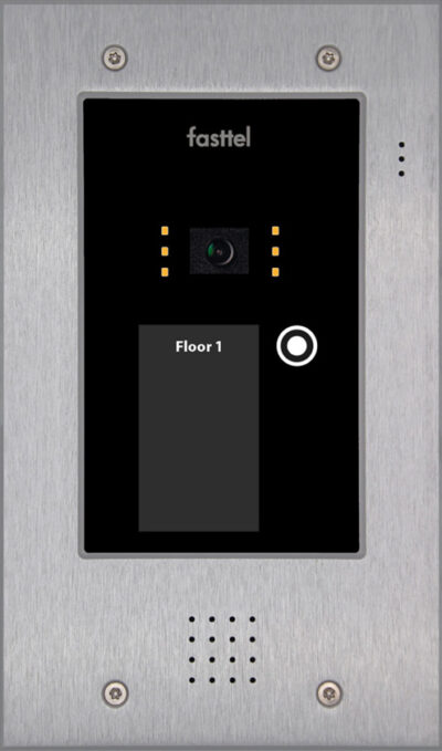 Black smart home device with screen showing time and temp