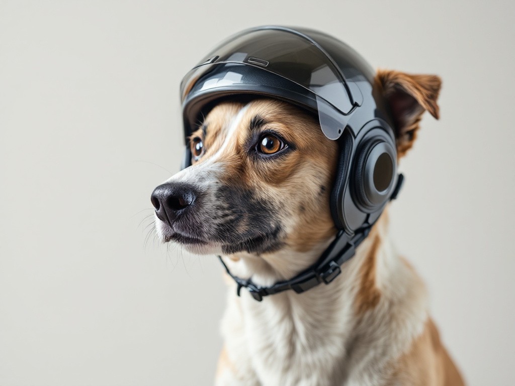 A dog wearing a space helmet