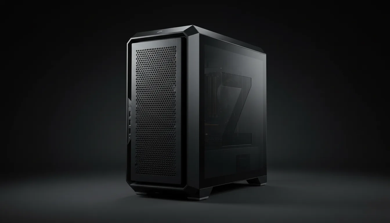 DSLR product photography of a high-performance workstation computer tower, similar to an HP Z8, captured at a three-quarters angle against a seamless, dark studio backdrop. Soft studio lighting with a dramatic key light accentuates the chiseled edges and the textures of the matte black and dark gray metal chassis. The front of the tower features a prominent perforated ventilation grille, and the side panel is marked with a large, debossed, stylized 'Z' logo. The entire product is in sharp focus, highlighting its powerful, industrial aesthetic.