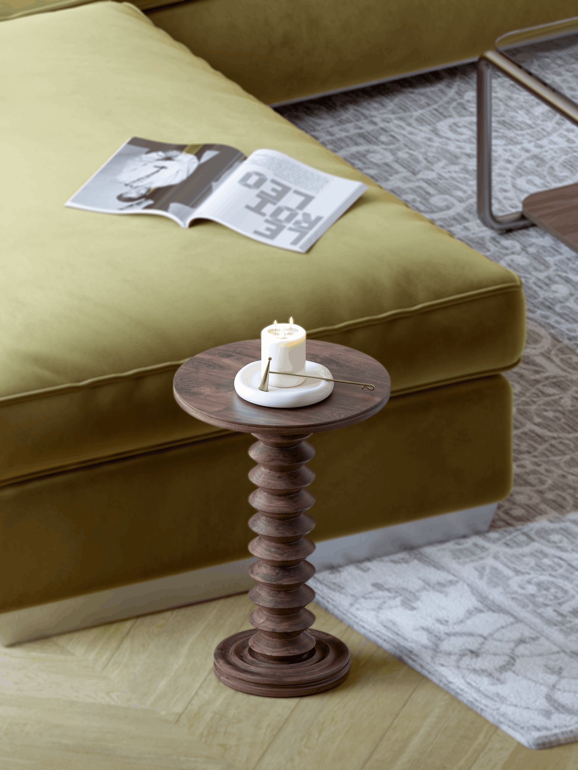 Markovi Kuli Apartment - Living room detail featuring chartreuse sofa, turned wood side table and contemporary styling