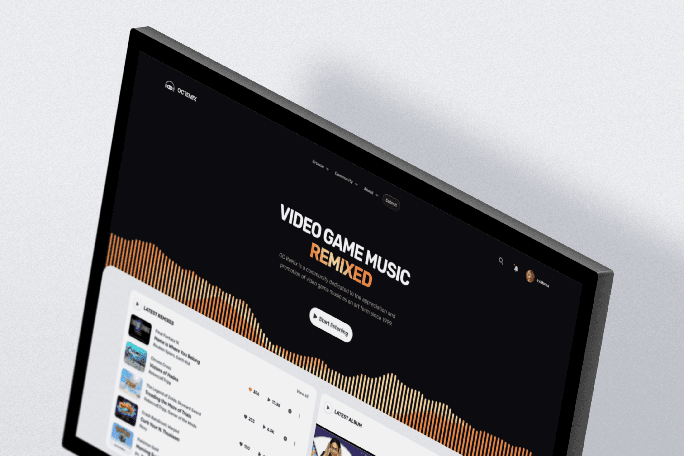 OC ReMix's home page design shown in a desktop display.