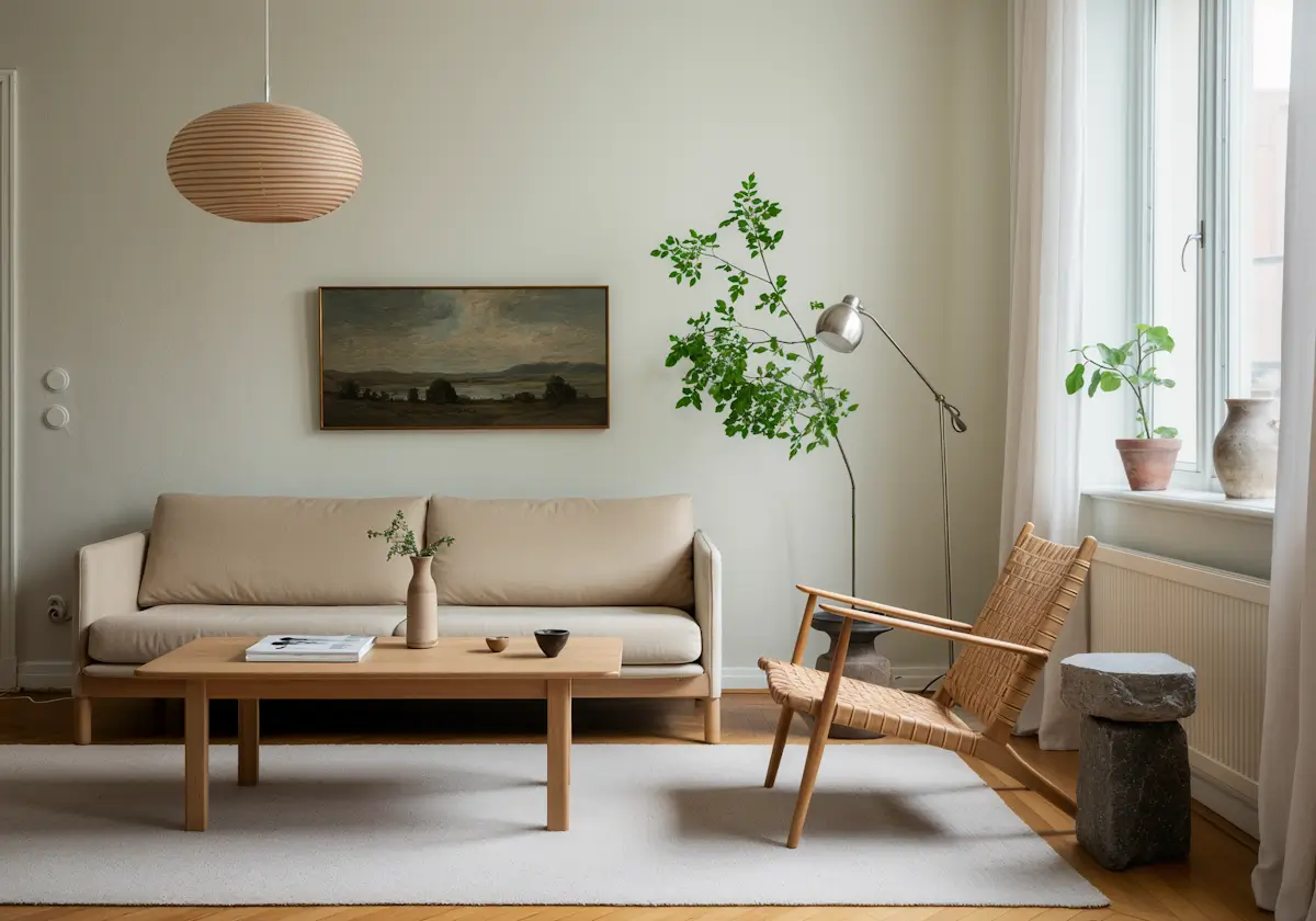 Minimalist living room setup with a beige sofa, low wooden coffee table, woven accent lounge chair, and paper pendant light hanging overhead.