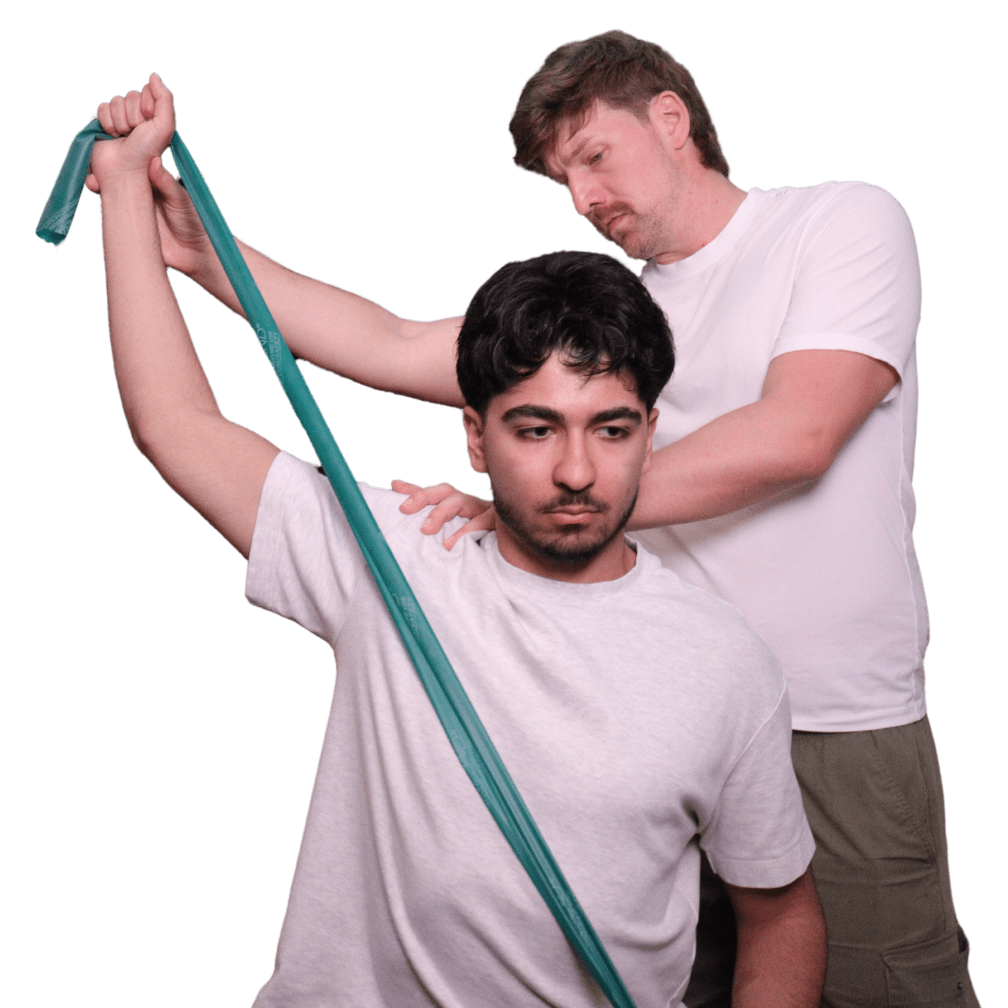 Physiotherapist cueing shoulder exercise to a patient