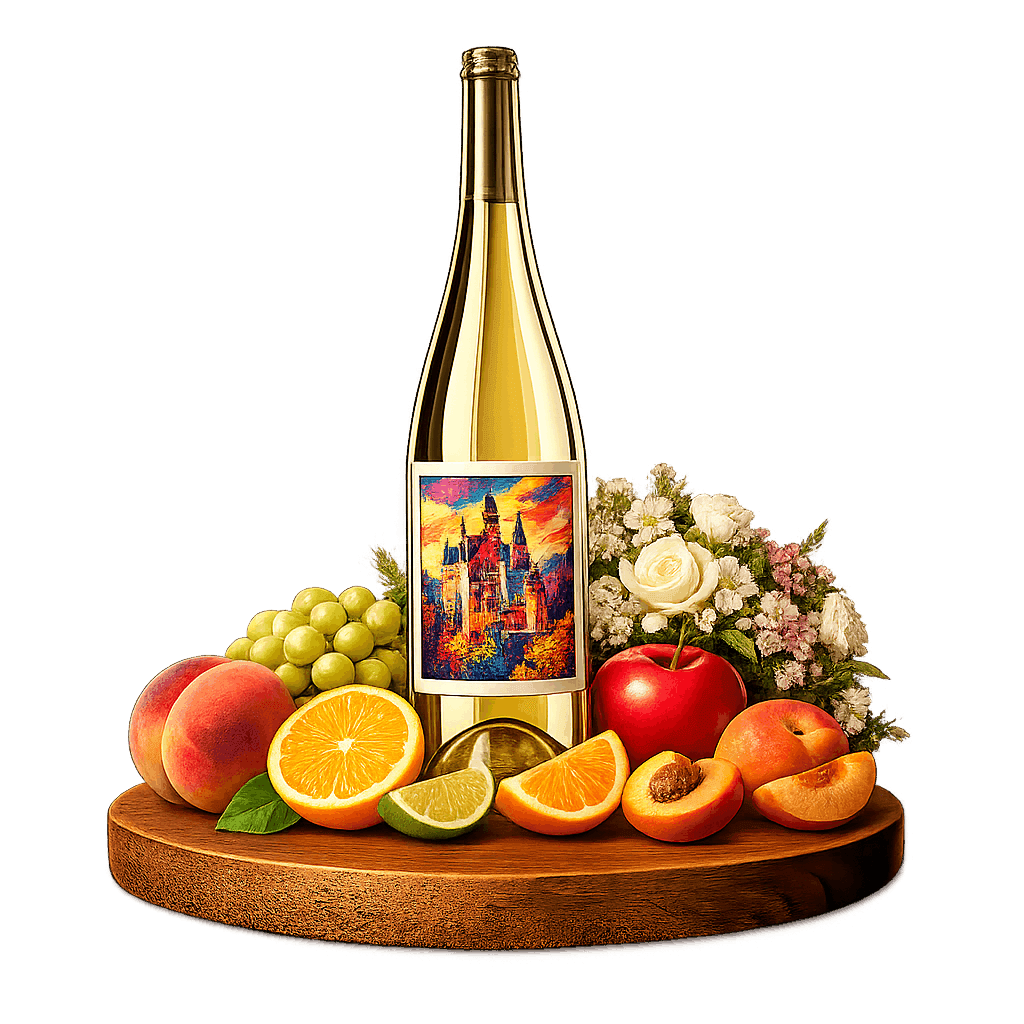 Artistic label and flavor profile for German Müller-Thurgau on a rustic wooden table.