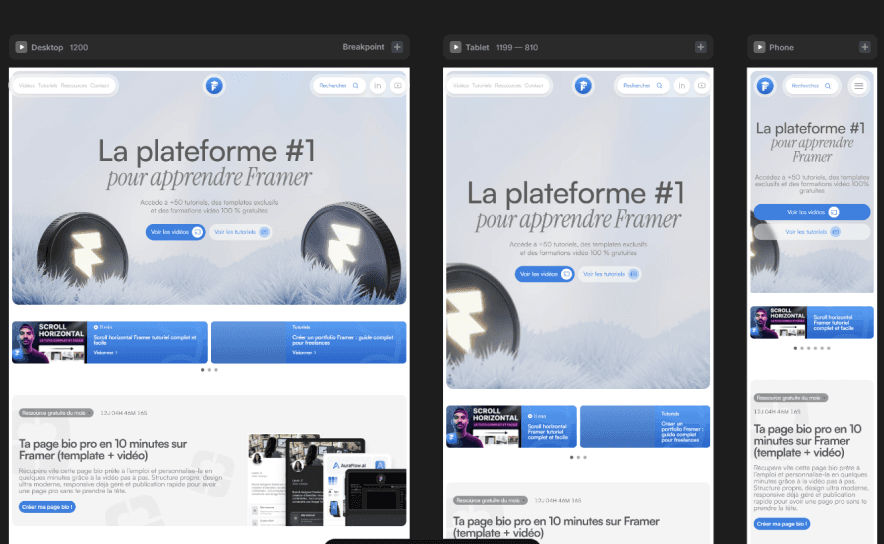 Vue des trois breakpoints Framer côte à côte : Desktop 1200, Tablet et Phone avec le même site adapté à chaque écran