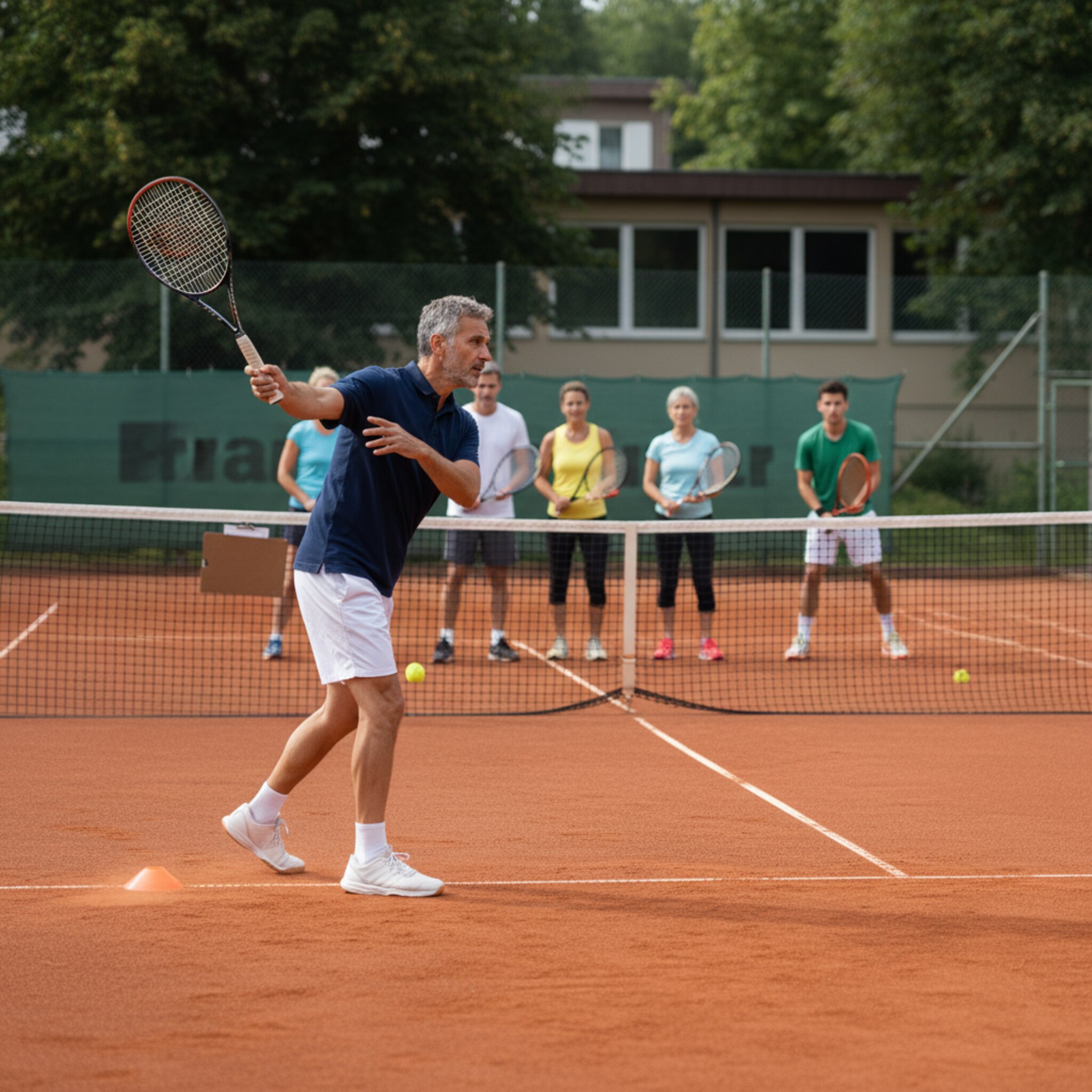Ein Trainer erklärt an der Grundlinie eine Vorhandtechnik, während eine kleine Gruppe aufmerksam folgt. Hütchen markieren die Übungszonen, ein Clipboard steckt in der Netztasche. Auf dem Nebenplatz übt ein Paar Volleys, Bälle springen rhythmisch über die Linie.