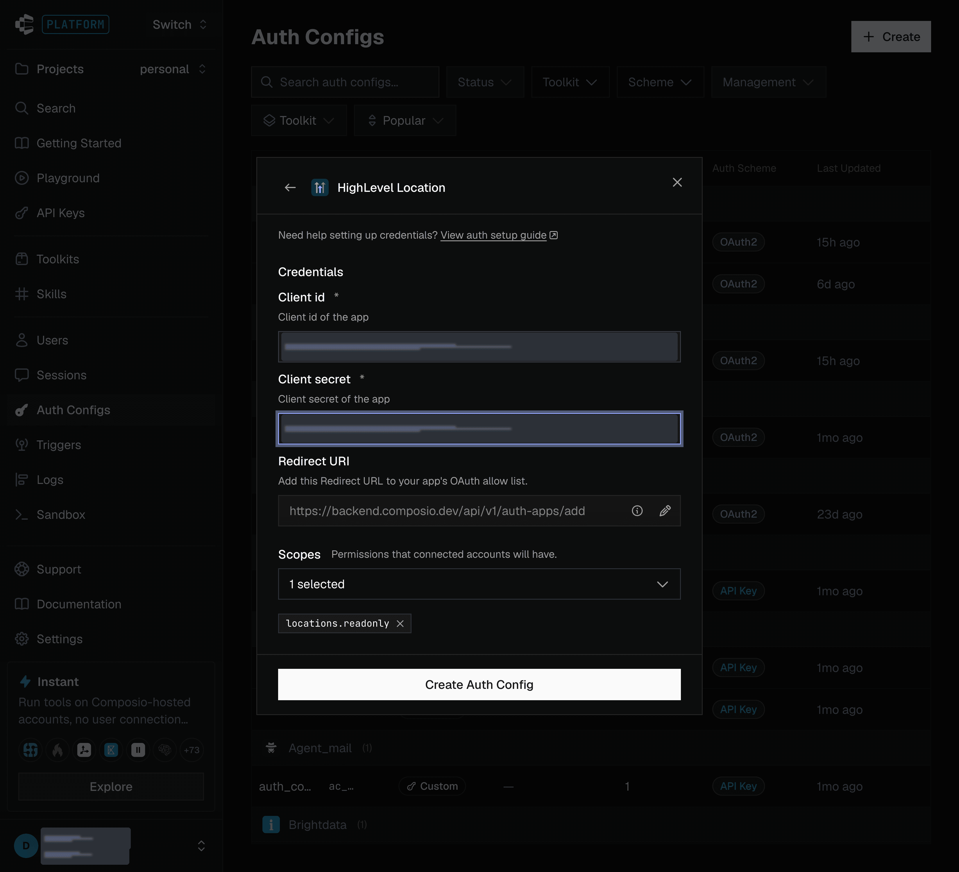 Redirect URI and scopes