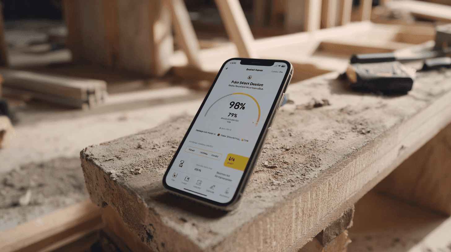 iPhone showing successful wall stud detection with app interface displaying found stud location and accuracy percentage