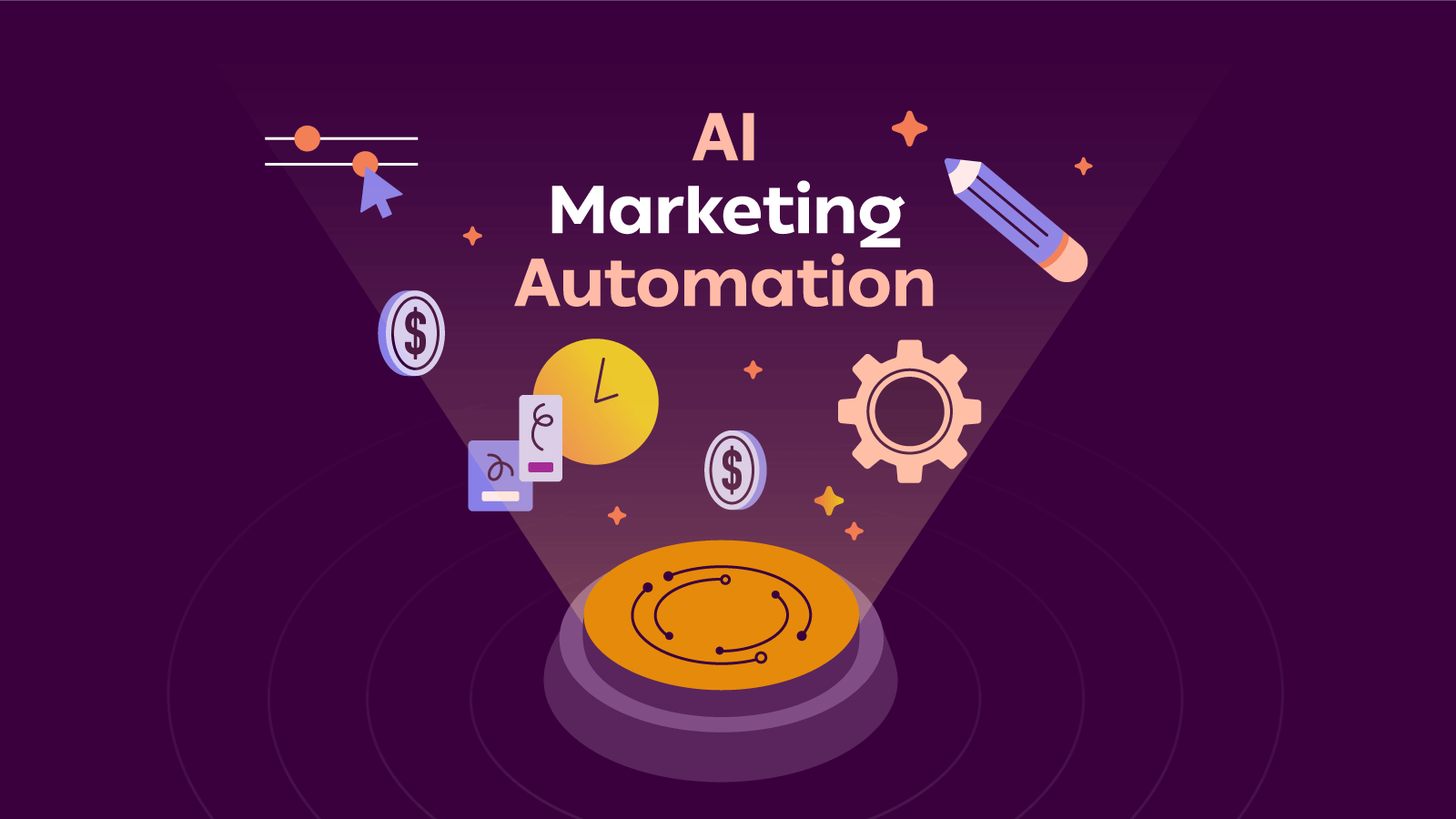The image shows an AI Marketing automation text in the middle with diagrams related to business and creativity exploding from the centre of the picture.