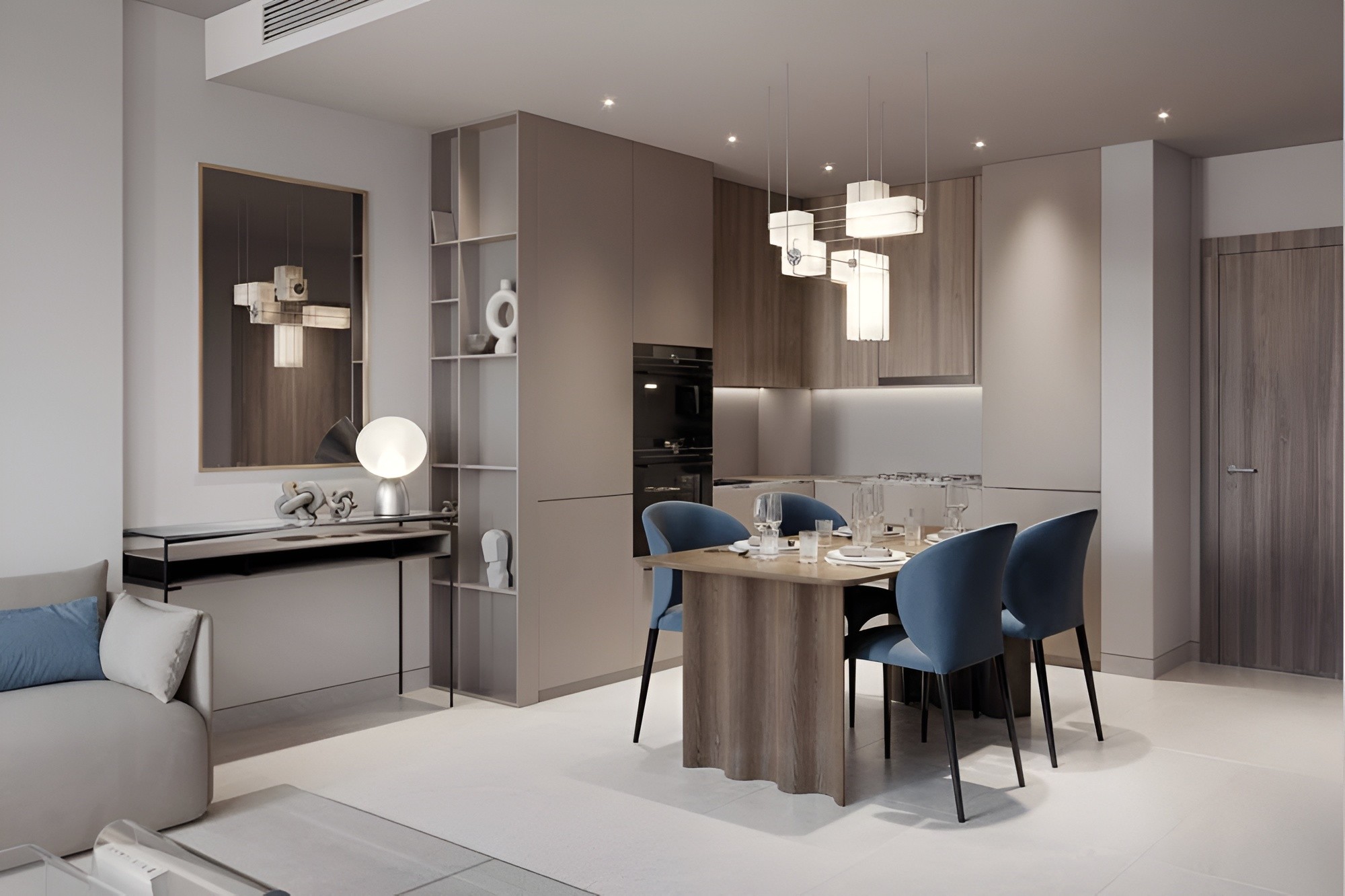 Modern apartment interior showcasing a city view, featuring Tetris Tower by Object1 in the background.