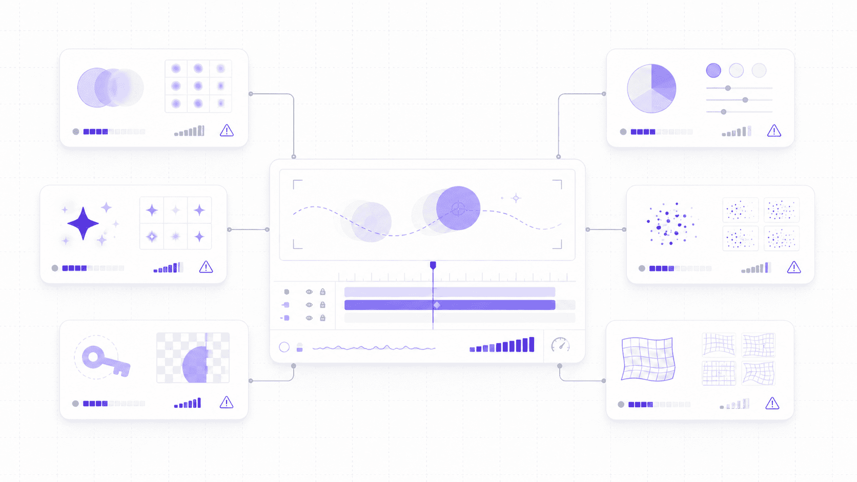 A clean effect-stack illustration showing a central motion layer connected to blur, glow, keying, color correction, particles, and distortion cards with processing indicators.