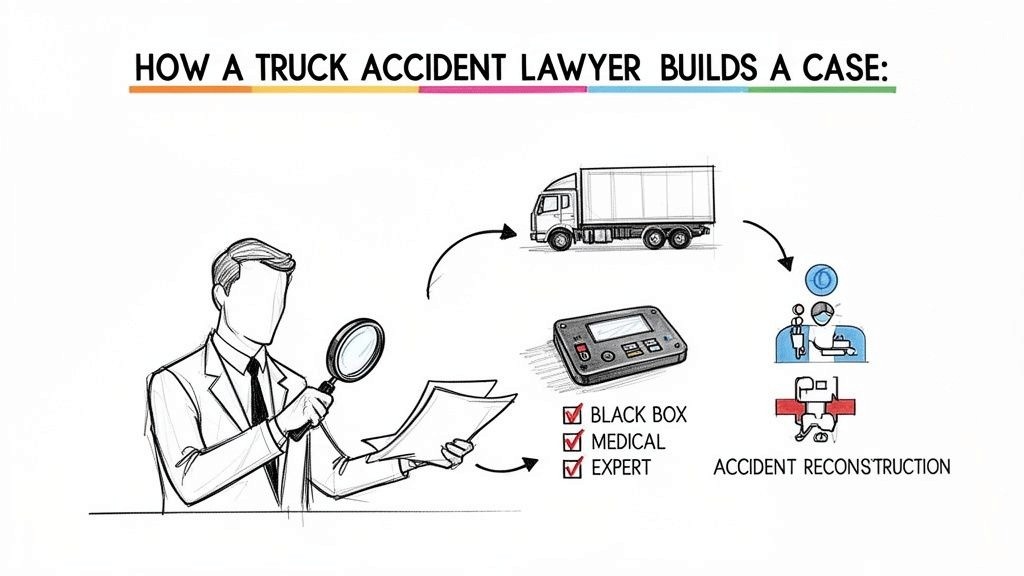 Diagram illustrating how a truck accident lawyer builds a case, focusing on investigation, black box data, medical records, and accident reconstruction.