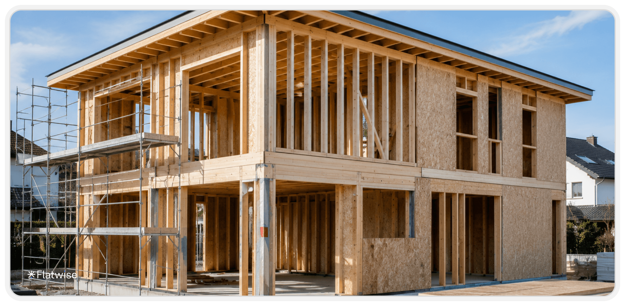 Zweigeschossiger Holzriegelbau mit sichtbarer Holzrahmenkonstruktion und teilweise montierter OSB-Beplankung. Die fotorealistische Baustellenszene zeigt den Baufortschritt eines modernen Einfamilienhauses im Holzbau.