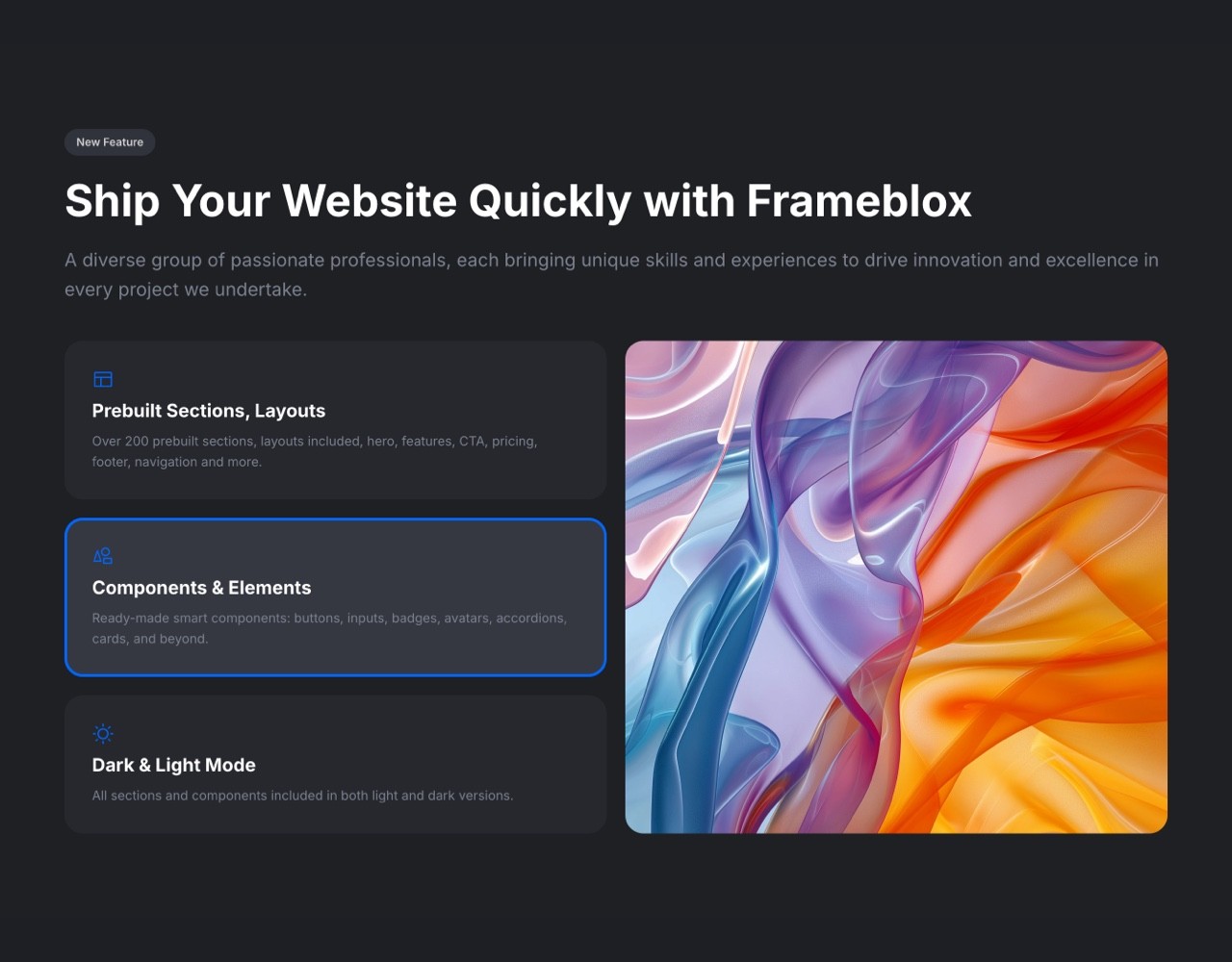 Framer Dark Features Section - Frameblox UI