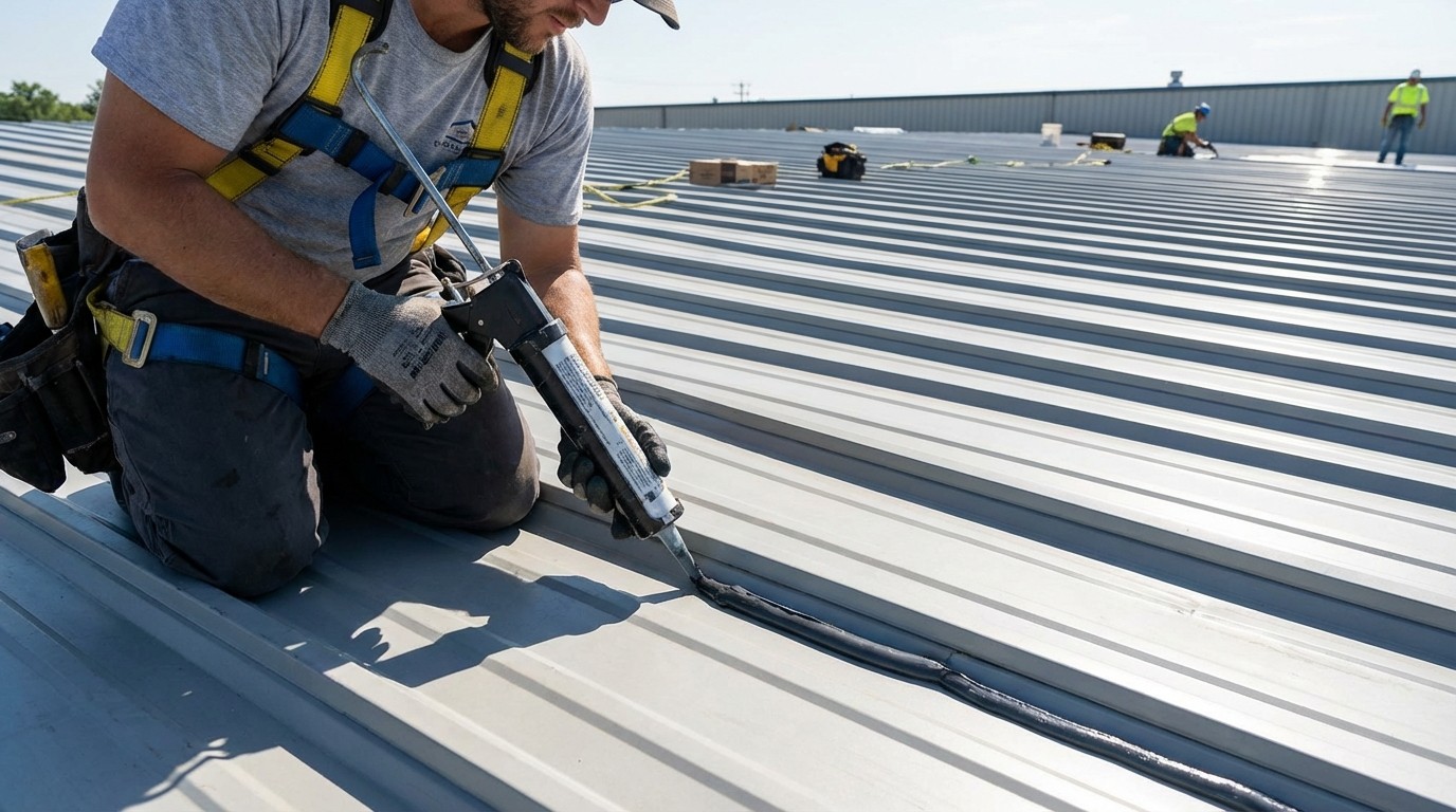 Professional applying sealant to metal roof seam to prevent leaks