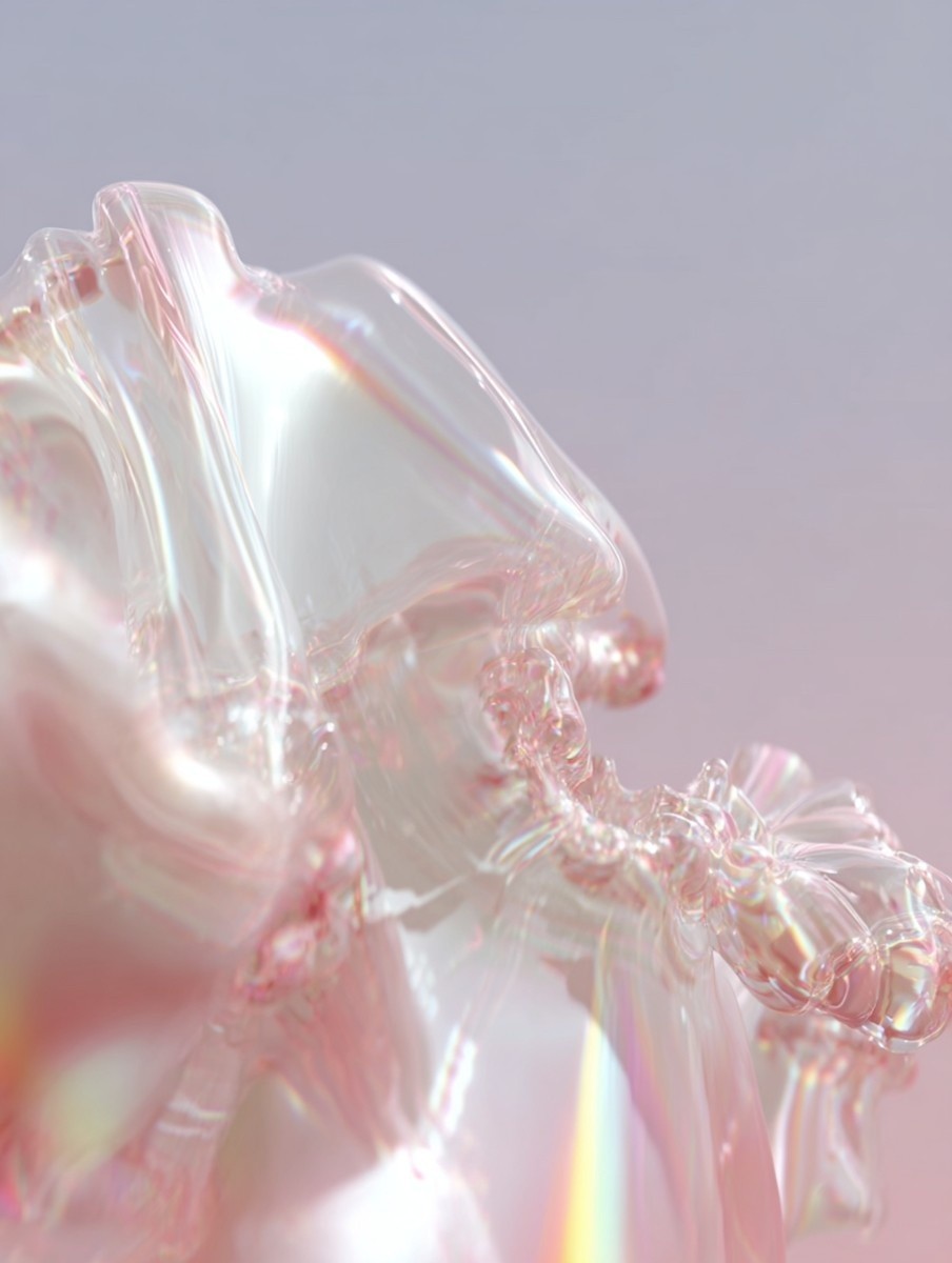 A translucent, abstract sculpture with iridescent, swirling forms glimmers against a soft pastel background, featuring a harmonious blend of pink and purple hues.