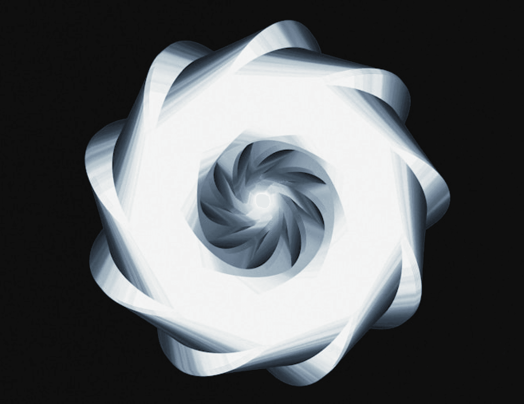 Abstract geometric spiral pattern with glowing curved segments radiating from a dark center on a black background.