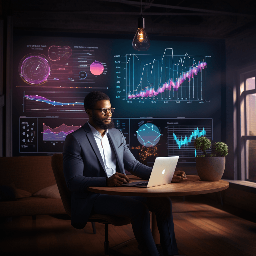 A Man at a Laptop in Front of Holograms of Stats and Charts