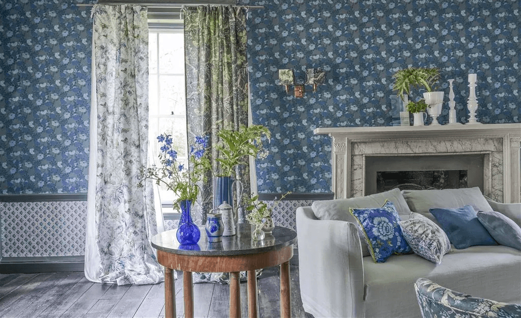 English Heritage × Designers Guild partnership — wallpaper archive to living room. Credit: © English Heritage