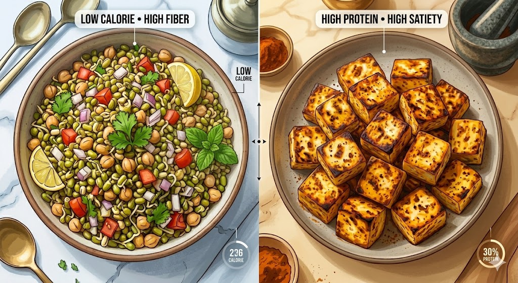 A nutritional comparison image with two bowls on a marble surface. On the left, a vibrant bowl of sprout salad is labeled 'LOW CALORIE • HIGH FIBER' with '236 CALORIE' text. On the right, a bowl of grilled paneer cubes is labeled 'HIGH PROTEIN • HIGH SATIETY' with '30% PROTEIN' text.