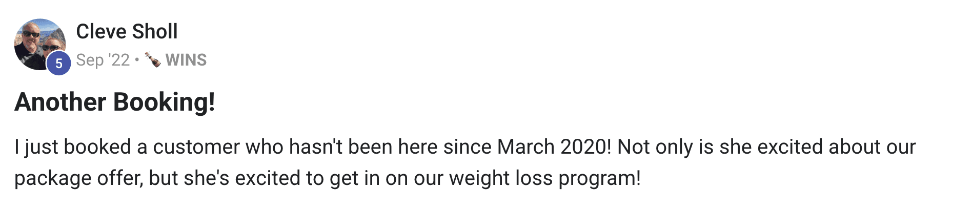 Forever Booked results showing Aesthetic Solutions rebooked a lost client from March 2020 through Forever Booked's reactivation campaign
