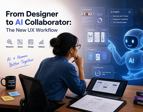 Artonest AI UX design workflow showing a designer collaborating with an AI assistant to create wireframes and improve user experience 