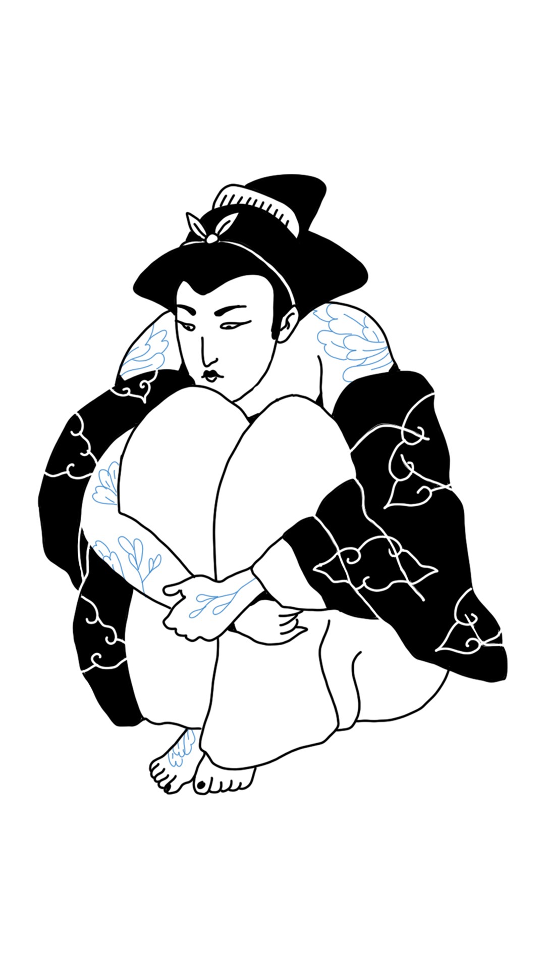 Graphic design showcasing a drawing of a figure in traditional attire, with subtle blue accents suggesting tattoo or illustration; evokes themes of production, sound, and visual art.