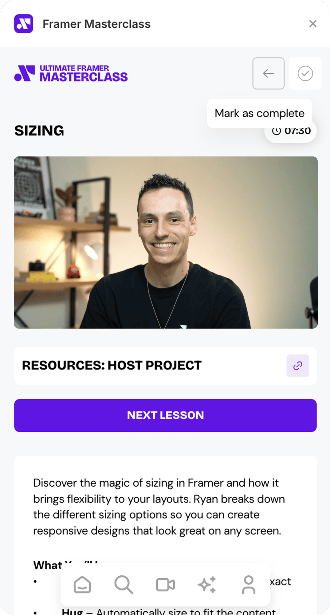 Framer Masterclass plugin preview showing course lesson.