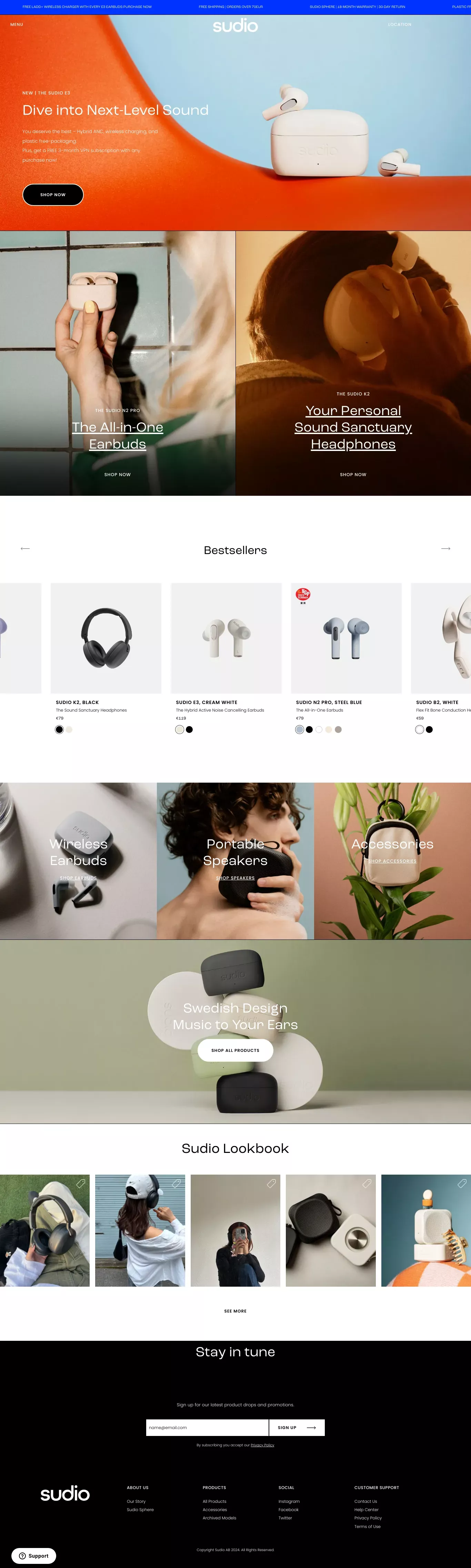 Sudio - Designing Sound ecommerce page screenshot showcasing Tech and Music design