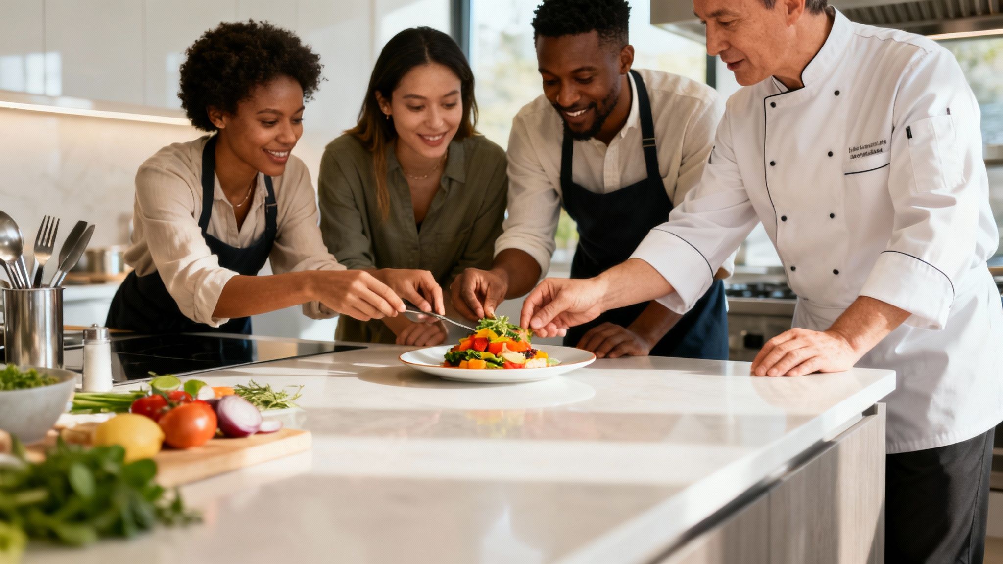 Un equipo diverso participa en una de las actividades team building empresas más populares: una clase de cocina dirigida por un chef profesional en una cocina moderna y luminosa.